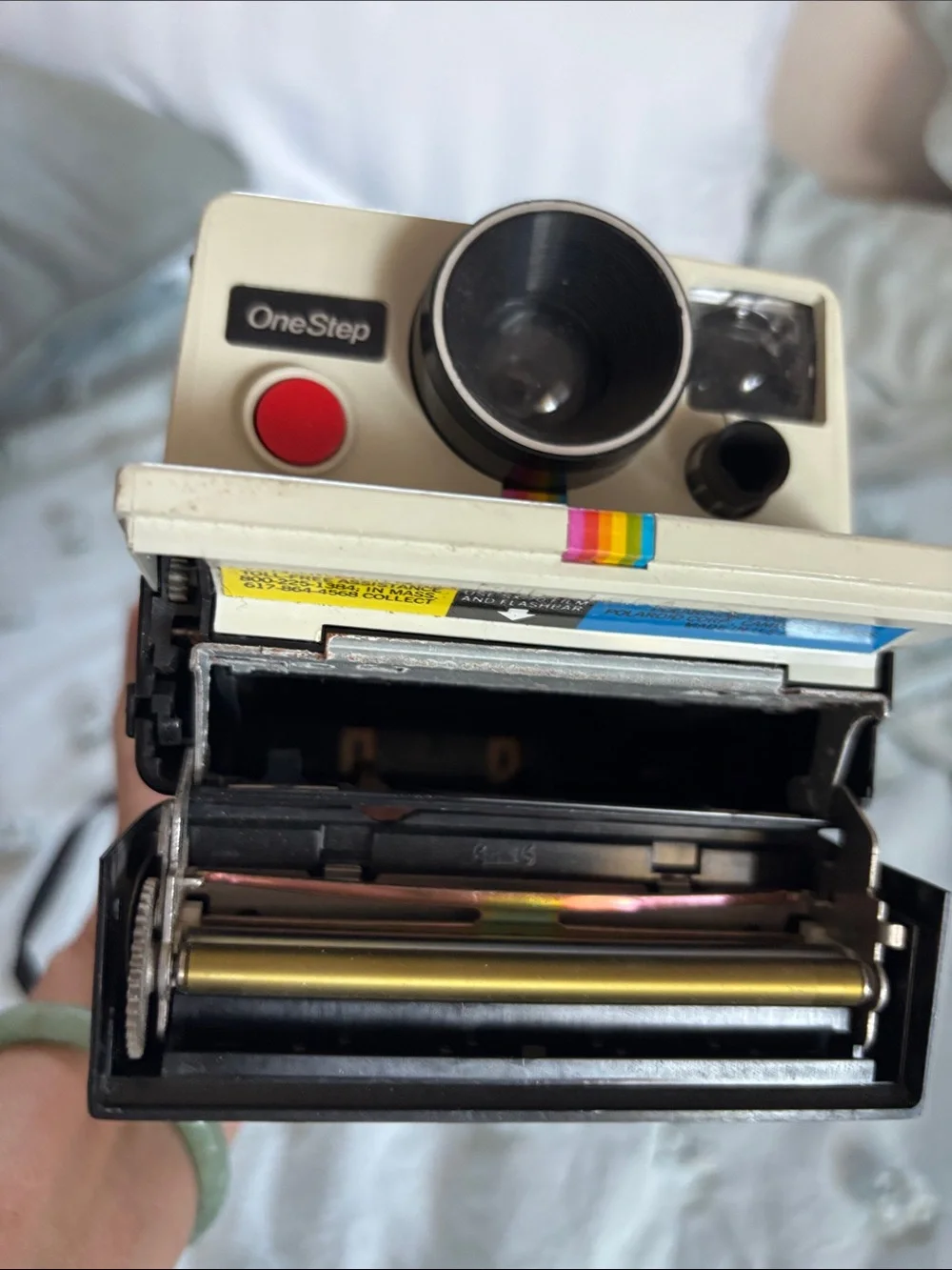 Polaroid OneStep Instant Camera in White with Rainbow Stripe and Red Shutter